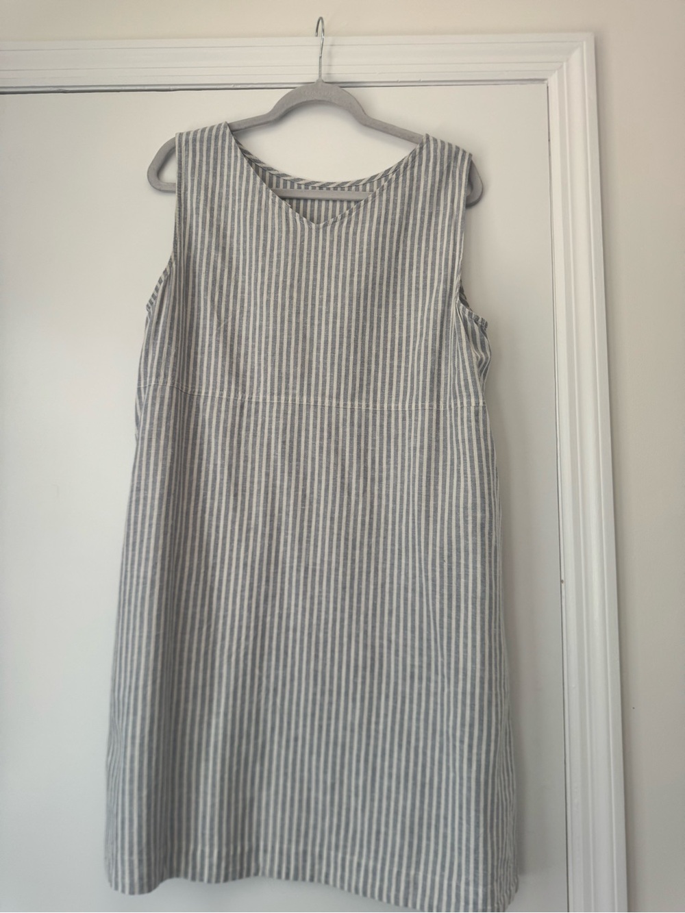 Eileen Fisher Gray and White Striped Sleeveless Midi Shift Dress